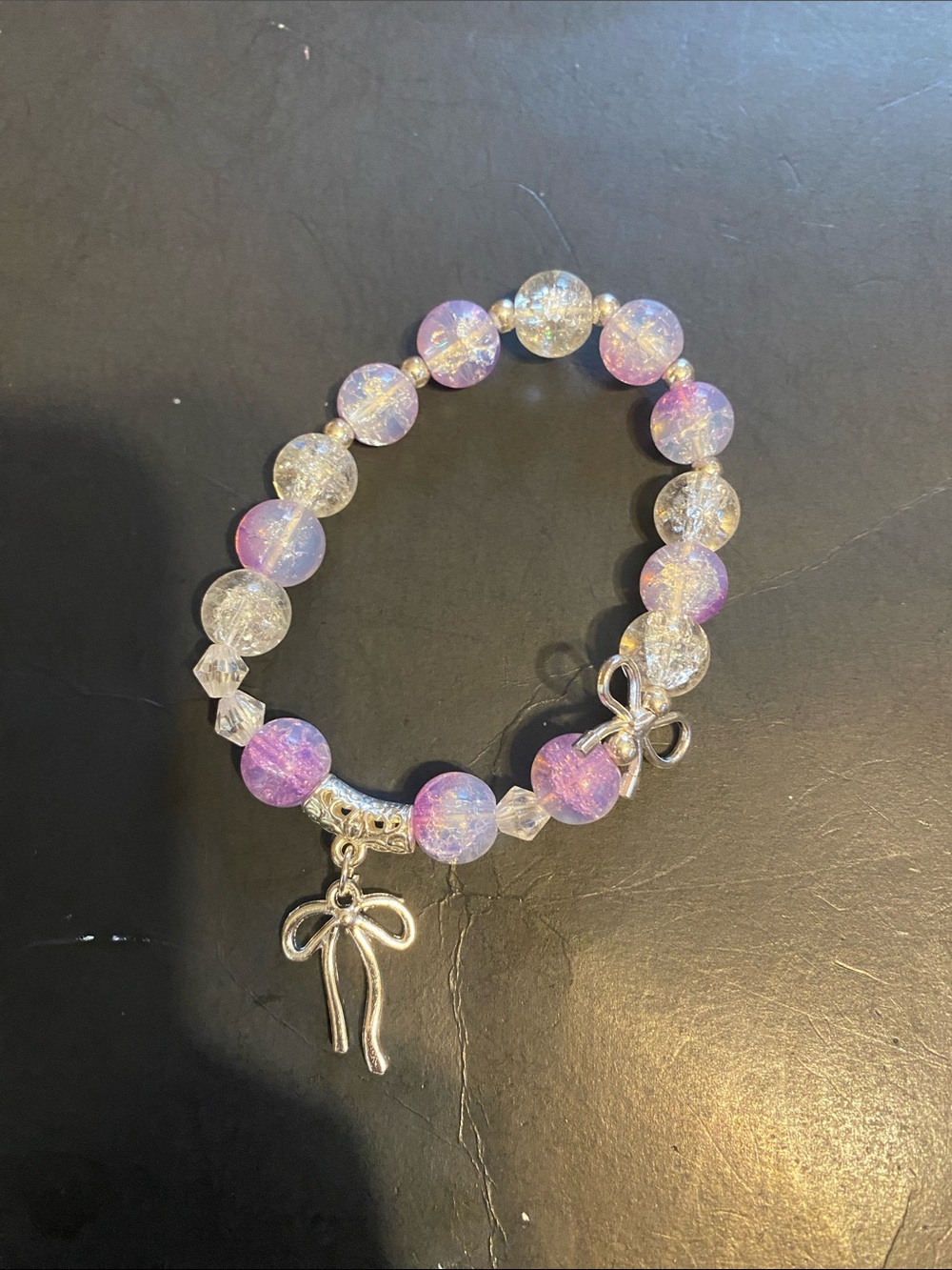 Iridescent Purple and Clear Beaded Bracelet with Bow Charm - Women Jewelry